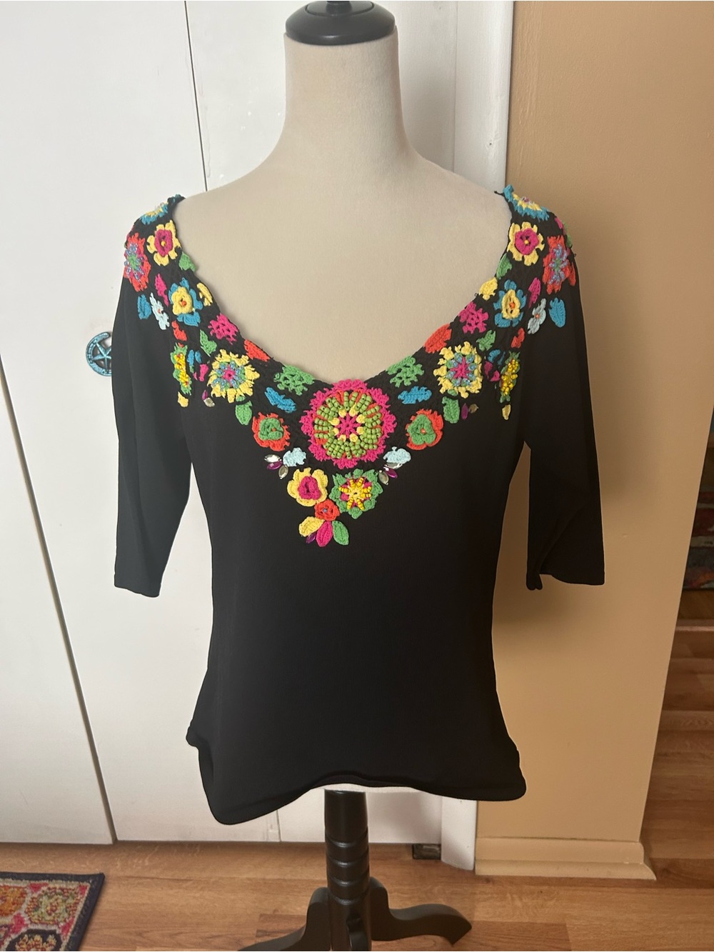 Soft Surroundings Black Top with Bright Multicolor Crochet Floral Neckline